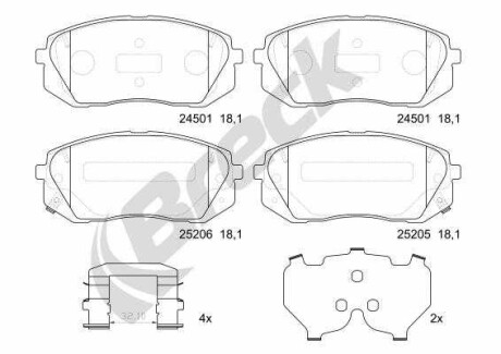 Фото автозапчастини комплект гальмівних колодок спереду HYUNDAI IX35, KONA, KONA/SUV, TUCSON, TUCSON/SUV; KIA CEED, OPTIMA, PROCEED, SOUL II, SPORTAGE IV, XCEED 1.0-Electric 08.09- BRECK 25205 00 701 10