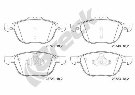 Фото автозапчасти керамические тормозные колодки передняя VOLVO C30, C70 I, C70 II, S40 II, V40, V50; FORD C-MAX, C-MAX II, ECOSPORT, FOCUS C-MAX, FOCUS II, FOCUS III, GRAND C-MAX, KUGA I, KUGA II 1.0-Electric 03.97- BRECK 25748 00 701 00