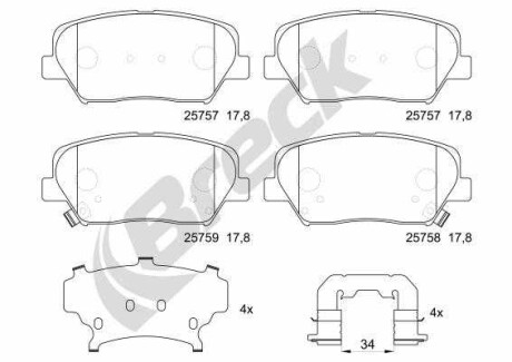 Фото автозапчасти комплект тормозных колодок передний HYUNDAI CRETA, ELANTRA V, GENESIS, GRANDEUR, NEXO, VELOSTER; KIA CARENS IV, CEE'D, PRO CEE'D 1.0-Electric 09.10- BRECK 25757 00 701 00