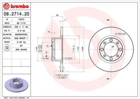 Фото автозапчасти тормозной диск перед левая/правая TALBOT HORIZON, RANCHO 1.1-1.9D 01.77-06.86 BREMBO 08.2714.20