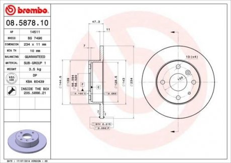 Тормозной диск перед левая/правая DAIHATSU CHARADE III, CHARADE IV 1.0/1.0D/1.3 03.87-09.00 BREMBO 08.5878.10