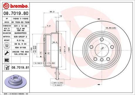 Тормозной диск задний левая/правая (высокоуглеродистая, с болтами) BMW X5 (E53) 3.0/3.0D/4.4 01.00-10.06 BREMBO 08.7019.81