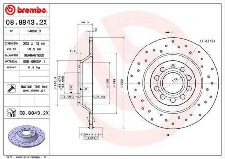 Тормозной диск, Xtra, Перфорированный, задний, левое/правое, наружный диаметр 302 мм, толщина 12 мм, AUDI A6 2.0-3.2 05.04-08.11 BREMBO 08.8843.2X