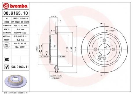 Тормозной диск, задний левая/правая (259mmx10mm) MINI (R50, R53), (R52) Cooper/Cooper S/John Cooper Works/One/One D/Works 06.01-11.07 BREMBO 08.9163.10 (фото 1)