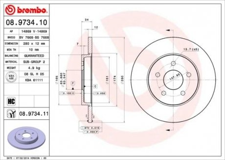 Тормозной диск задний левая/правая (высокоуглеродистая) FORD MONDEO III; JAGUAR X-TYPE 1.8-3.0 10.00-12.09 BREMBO 08.9734.11 (фото 1)