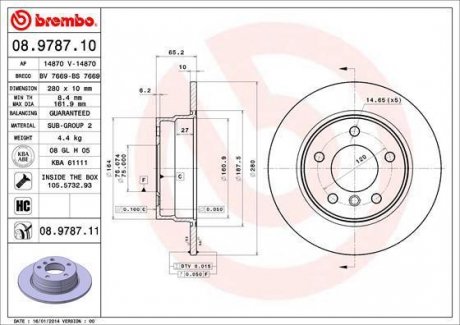 Тормозной диск задний левая/правая (высокоуглеродистая; с винтами) BMW 1 (E81), 1 (E87) 1.6/2.0/2.0D 06.04-12.11 BREMBO 08.9787.11 (фото 1)