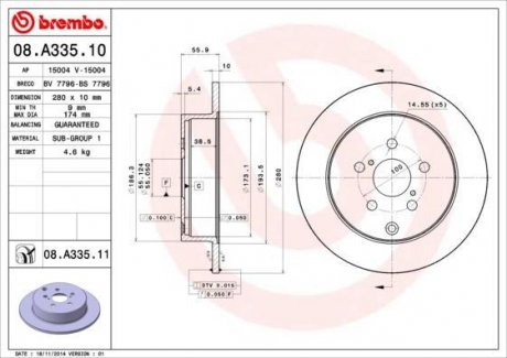 Тормозной диск, задний левая/правая (280mmx10mm) 04.03-11.08 BREMBO 08.A335.10