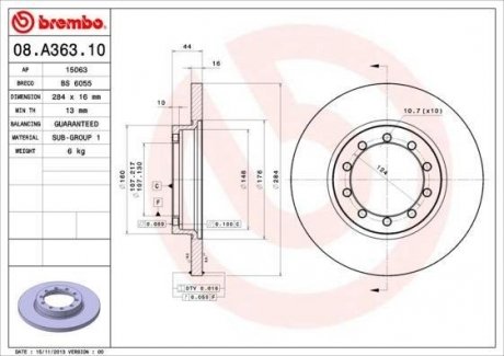 Тормозной диск задний левая/правая FORD TRANSIT 2.2D-3.2D 04.06- BREMBO 08.A363.10