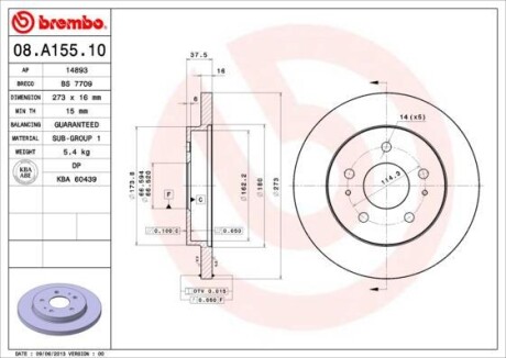 Фото автозапчасти тормозной диск перед левая/правая DAIHATSU TERIOS 1.3/1.5 10.97- BREMBO 08.A155.10 (фото 1)