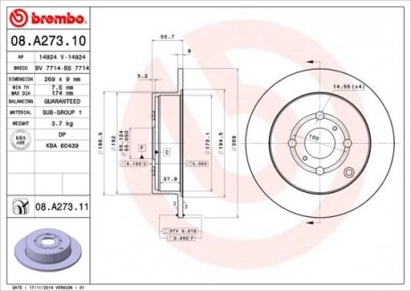 Тормозной диск задний левая/правая BREMBO 08.A273.11 (фото 1)