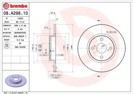 Фото автозапчасти тормозной диск задний левая/правая TOYOTA COROLLA 1.4-2.0D 04.97-01.02 BREMBO 08.A298.10