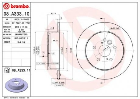 Тормозной диск задний левая/правая CHERY TIGGO; TOYOTA RAV 4 II 1.6-2.4 05.00-12.14 BREMBO 08.A333.11 (фото 1)
