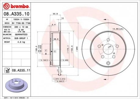Тормозной диск задний левая/правая TOYOTA AVENSIS 1.6-2.4 03.03-11.08 BREMBO 08.A335.11