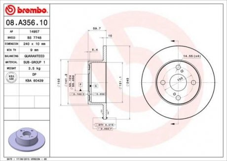 Тормозной диск задний левая/правая TOYOTA COROLLA 1.4-2.0D 04.97-01.02 BREMBO 08.A356.10