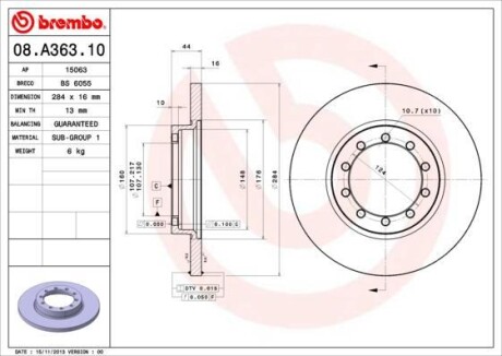 Фото автозапчастини гальмівний диск задній ліва/права FORD TRANSIT 2.2D-3.2D 04.06- BREMBO 08.A363.10