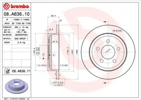 Тормозной диск, задний левая/правая (285mmx12mm) JEEP CHEROKEE, WRANGLER II 2.4/2.4 4x4/2.4 Laredo/2.5 CRD 4x4/2.8 CRD 4x4/3.7 4x4/3.7 Laredo/4.0/0.0 BREMBO 08.A636.10