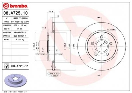 Тормозной диск задний левая/правая (с винтами) FORD FOCUS III; FORD USA FOCUS 1.0-Electric 07.10- BREMBO 08.A725.11 (фото 1)