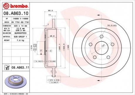 Тормозной диск, задний левая/правая (320mmx14mm) BREMBO 08.A863.10 (фото 1)