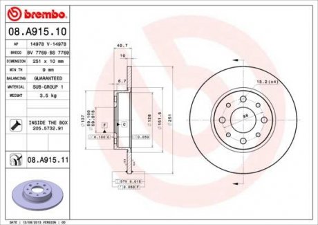 Тормозной диск задний левая/правая ALFA ROMEO MITO 0.9-1.6D 08.08- BREMBO 08.A915.11 (фото 1)