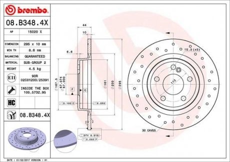 Гальмівний диск, Xtra, Перфорований, задній, лів./прав, зовнішній діаметр 295 мм, товщина 10 мм, MERCEDES A (W176), B (W246, W242), CLA (C117) 1.5D-Electric 11.11- BREMBO 08.B348.4X (фото 1)