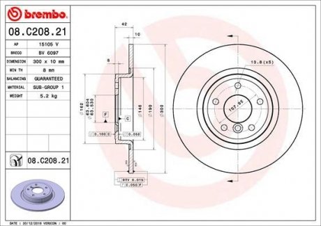 Тормозной диск задний левая/правая JAGUAR XE, XF 2.0/2.0D 03.15- BREMBO 08.C208.21