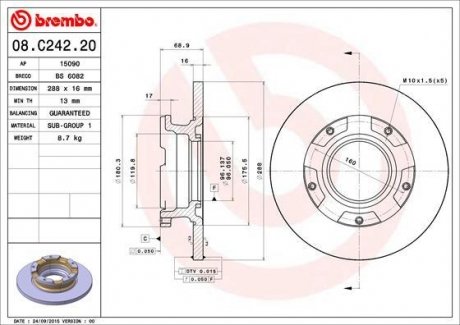 Тормозной диск задний левая/правая (с кольцом ABS) FORD TOURNEO CUSTOM V362, TRANSIT CUSTOM V362, TRANSIT V363 1.0H-2.2D 04.12- BREMBO 08.C242.20 (фото 1)