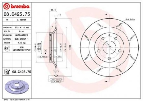 Тормозной диск задний левая/правая MAZDA CX-5, CX-8 2.0/2.2D/2.5 11.11- BREMBO 08.C425.75