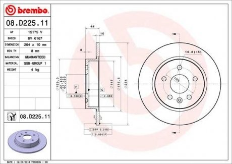 Тормозной диск задний левая/правая OPEL ASTRA K 1.0-1.6D 06.15- BREMBO 08.D225.11 (фото 1)