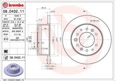 Гальмівний диск задній ліва/права (високовуглецевий) HYUNDAI H350 2.5D 04.15- BREMBO 08.D432.11 (фото 1)