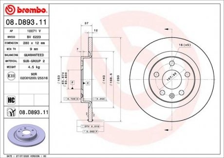 Фото автозапчасти гальмівний диск BREMBO 08.D893.11