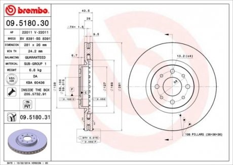 Тормозной диск перед левой/правой ((с болтами)) ALFA ROMEO MITO; FIAT BRAVO II, STILO; LANCIA DELTA III 1.3D-2.4 10.01- BREMBO 09.5180.31