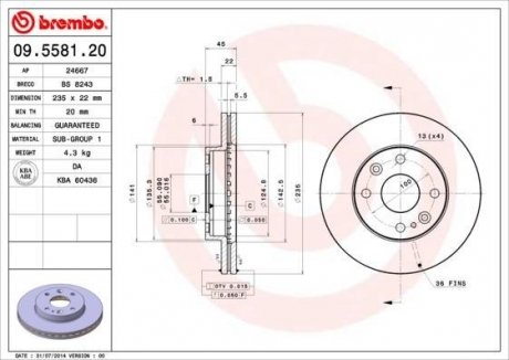 Тормозной диск передняя левая/правая KIA RIO; MAZDA 323 FV 1.3/1.5/1.6 10.96- BREMBO 09.5581.20