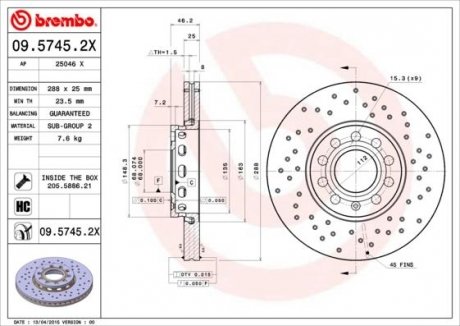 Тормозной диск, Xtra, Вентилируемый, Перфорированный, передняя, левое/правое, наружный диаметр 288 мм, толщина 25 мм, AUDI 100 C4, A4 B5, A4 B6, A4 B7, A6 C4, A6 C5; SEAT EXEO 1.6-3.0 12.90-05.13 BREMBO 09.5745.2X