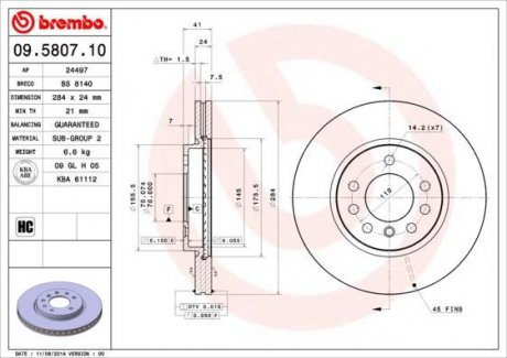 Тормозной диск перед левой/правой OPEL CALIBRA A, VECTRA A; SAAB 900 II 2.0/2.3/2.5 08.91-02.98 BREMBO 09.5807.10