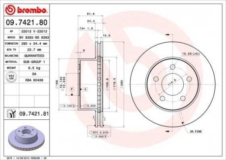 Тормозной диск передний левая/правая (280mmx24,5mm) 4x4/4.0/4.0 4x4/4.0 i/4.0 i 4x4/4.0 i BREMBO 09742180