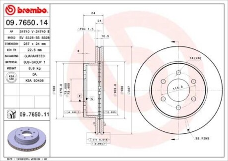 Фото автозапчасти тормозной диск перед левая/правая DODGE DAKOTA 4.7 10.00-09.03 BREMBO 09765011