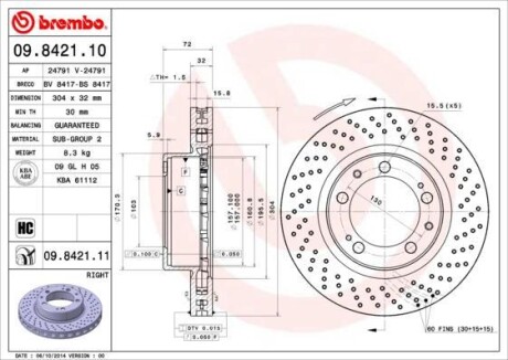 Фото автозапчасти тормозной диск перед права PORSCHE 911, 911 TARGA 3.6/3.8 10.93-09.97 BREMBO 09.8421.11