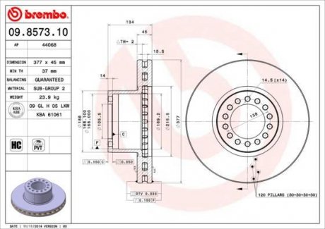 Тормозной диск перед левой/правой (377mmx45mm) MERCEDES ATEGO 01.98-10.04 BREMBO 09.8573.10