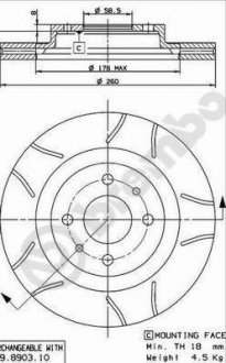 Тормозной диск, Max, Сквозные насечки, наружный диаметр 260 мм, толщина 20 мм, LADA 110, 111, 112, KALINA, PRIORA 1.4-2.6 01.95- BREMBO 09.8903.75 (фото 1)