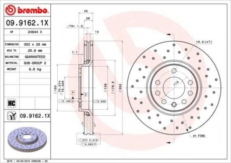 Тормозной диск, Xtra, Перфорированный, передняя, левое/правое, наружный диаметр 302 мм, толщина 28 мм, CADILLAC BLS; CHEVROLET VECTRA; OPEL SIGNUM, VECTRA C, VECTRA C GTS 1.8-3.2 04.02- BREMBO 09.9162.1X