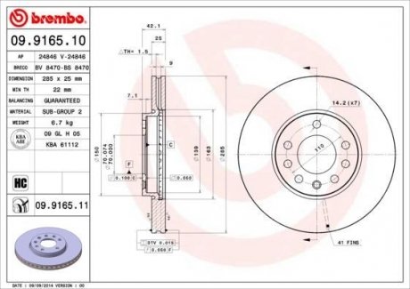 Тормозной диск передний левая/правая (285mmx25mm) CADILLAC BLS 1,8t/1.6/1.6 16V/1.8/1.8 16V/1.8 i/1.8t 2.0/1.9 CDTI/1.9 D/1.9 TiD/1.9 16V/2.0 t/2.0 T/2.0 T AWD/2.0 t Bio Power/2 BREMBO 09.9165.10