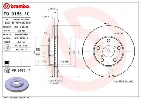 Тормозной диск перед левая/правая (высокоуглеродистая) TOYOTA RAV 4 II 1.8/2.0/2.0D 05.00-11.05 BREMBO 09.9185.11