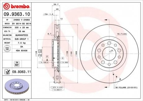 Тормозной диск передняя левая/правая ALFA ROMEO 159, BRERA; CHRYSLER 200 1.9-3.6ALK 09.05- BREMBO 09.9363.11 (фото 1)