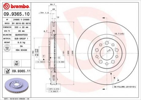 Тормозной диск передняя левая/правая ALFA ROMEO 159, BRERA; CHRYSLER 200 1.9D-3.6ALK 09.05- BREMBO 09.9365.11 (фото 1)