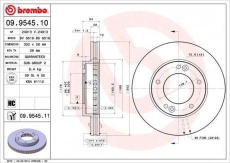 Тормозной диск перед левая/правая (высокоуглеродистая) KIA SORENTO I 2.4/2.5D/3.5 08.02- BREMBO 09.9545.11