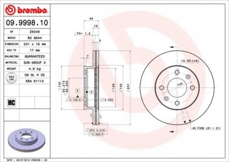 Тормозной диск перед левая/правая HYUNDAI GETZ 1.1-1.6 09.02-12.10 BREMBO 09.9998.10
