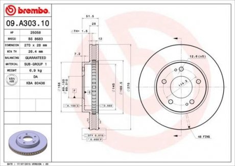 Гальмівний диск перед ліва/права MITSUBISHI L 200 / TRITON 2.5D 11.05-12.15 BREMBO 09.A303.10