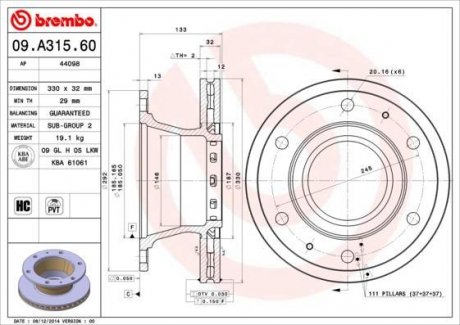 Тормозной диск задний левая/правая (330mmx32mm) IVECO EUROCARGO I-III 09.00-09.15 BREMBO 09.A315.60 (фото 1)