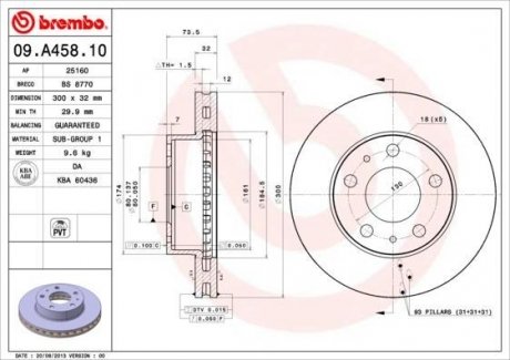Гальмівний диск передня ліва/права CITROEN JUMPER; FIAT DUCATO; PEUGEOT BOXER 2.0D-3.0D 04.06- BREMBO 09.A458.10 (фото 1)