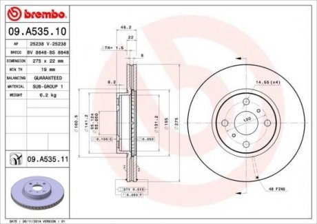 Тормозной диск передняя левая/правая TOYOTA YARIS 1.0-1.8 08.05- BREMBO 09.A535.11